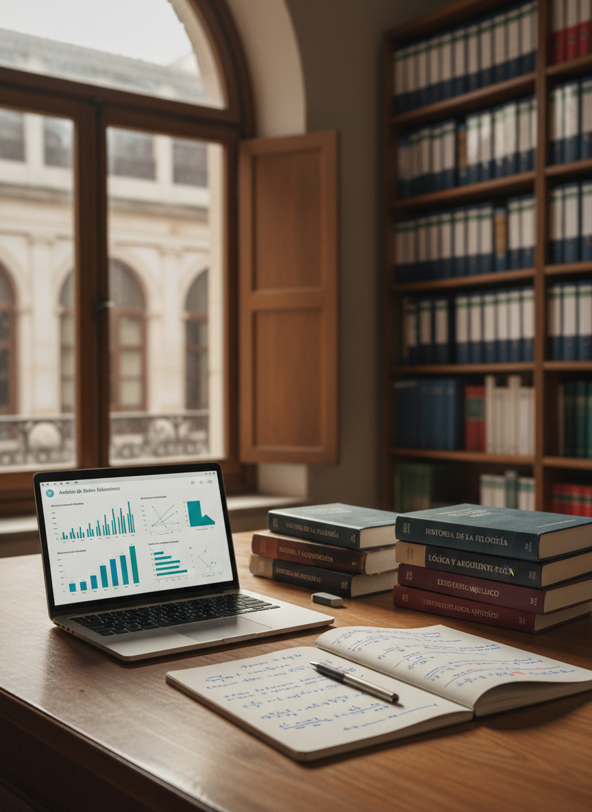 A meticulously organized wooden research desk covered with neatly stacked academic books in Spanish, a silver laptop displaying a clean data visualization dashboard, and a spiral notebook filled with precise handwritten formulas and diagrams. The desk stands near a large window in a quiet university office, with floor-to-ceiling shelves of labeled binders and journals fading softly into the background. Gentle afternoon natural light filters in, casting soft, elongated shadows and highlighting the paper textures and brushed metal of the laptop. Photographed at eye level with a subtle shallow depth of field, the composition follows the rule of thirds, creating a calm, professional atmosphere. The photographic realism emphasizes clarity, order, and intellectual rigor, perfectly suited to a portfolio focused on higher-education teaching and research.