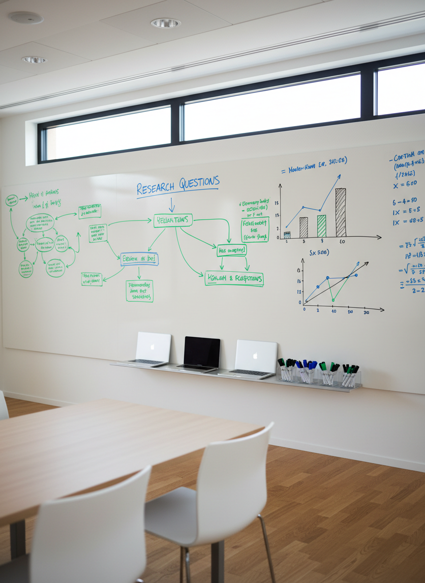 An expansive whiteboard wall filled with carefully structured research questions, color-coded flowcharts, and neatly drawn statistical graphs, all written in fine-tipped markers in blue, green, and black. Below the whiteboard, a narrow floating shelf holds a tidy row of closed laptops and neatly aligned marker trays. The room is a modern seminar space with light oak flooring and minimal furnishings, illuminated by diffused daylight from a high horizontal window. Soft, even lighting eliminates harsh shadows, reinforcing a contemplative, academic mood. Captured from a slightly angled wide shot, the entire whiteboard is in sharp focus while the room edges gently blur. The photographic style is clean, modern, and highly realistic, conveying structured thought, collaborative learning, and evidence-based inquiry in a professional context of teaching and research.