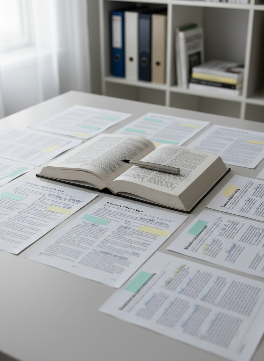 A carefully arranged set of printed academic articles spread across a smooth light-grey table, each page marked with pastel sticky notes and precisely underlined passages. At the center lies a thick, open research methodology book with a metallic fountain pen resting diagonally across its pages. In the background, a blurred view reveals a tidy shelving unit containing color-coordinated document folders and reference texts. Soft, overcast window light enters from the left, creating gentle, uniform illumination and subtle paper shadows. The image is photographed from a slightly elevated angle with shallow depth of field, highlighting the central book and pen while allowing the surrounding materials to softly recede. The mood is focused and methodical, with photographic realism and a minimalist, professional aesthetic that emphasizes rigorous academic preparation and critical reading.